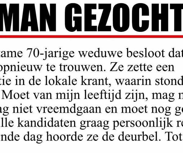 70-jarige weduwe plaatst lieve advertentie in krant &ndash; reactie aan de deur verrast iedereen