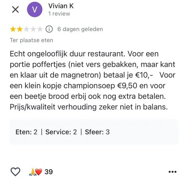 Restaurant eigenaar gaat los op slechte review van Vivian en omschrijft haar als ‘volumineuze bourgondische vrouw met obesitas’